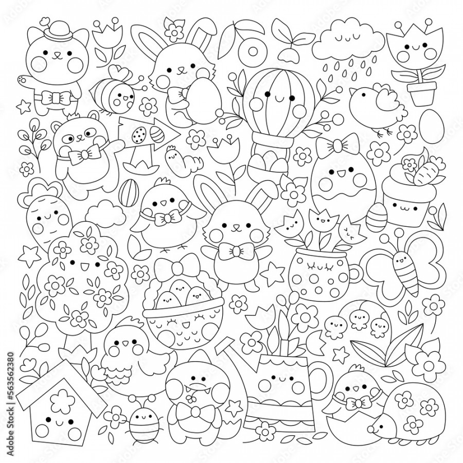 Vector Easter square line coloring page for kids with cute kawaii