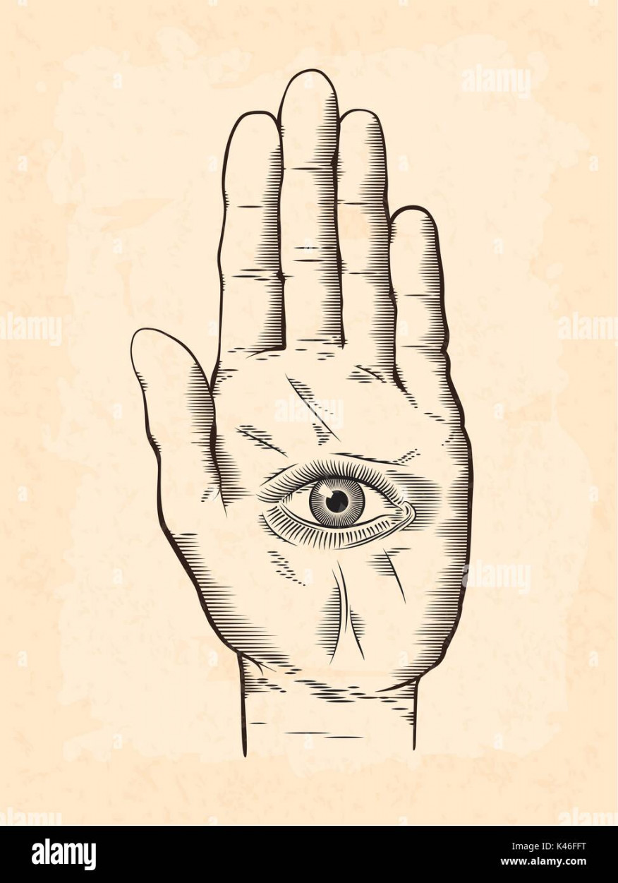 Vector illustration of mystic Hamsa all-seeing eye in hand symbol