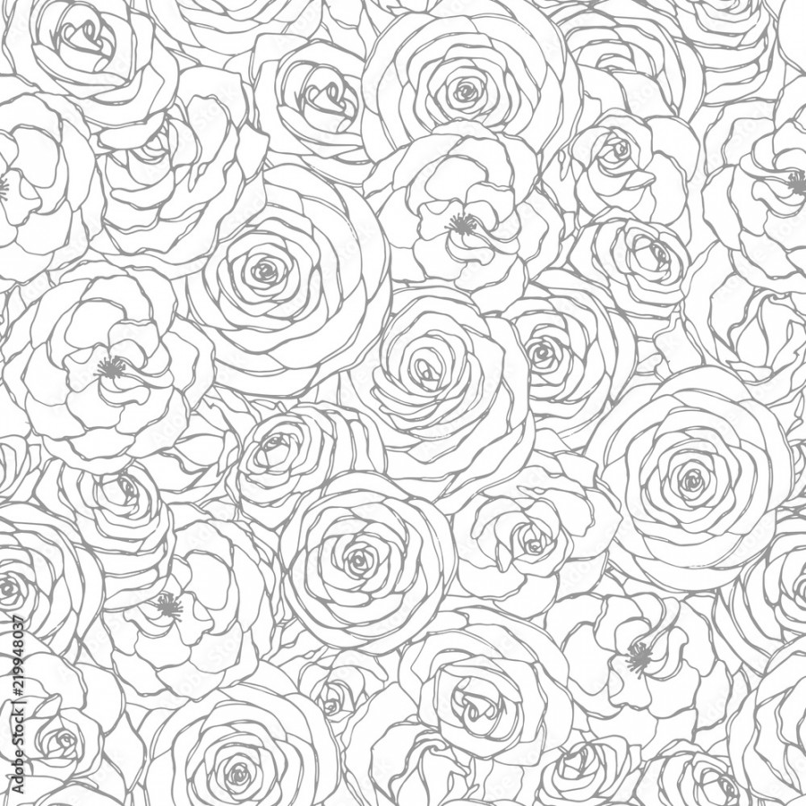 Vector seamless pattern with rose flowers line art on the white