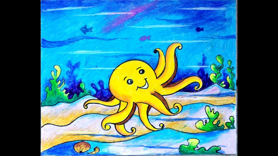 Very easy Octopus Drawing ,under water scenery, seascape drawing for kids