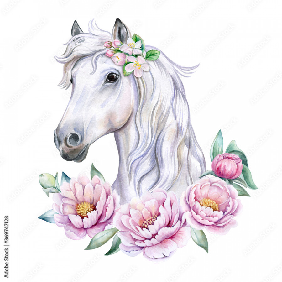 White Horse, Unicorn with a wreath of flowers pink Peonies