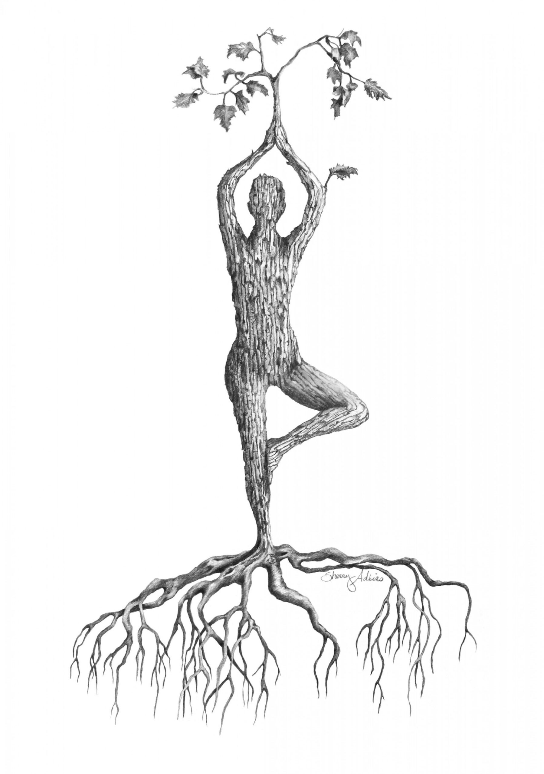 Yoga art, yoga wall decor, tree pose, pencil drawing print