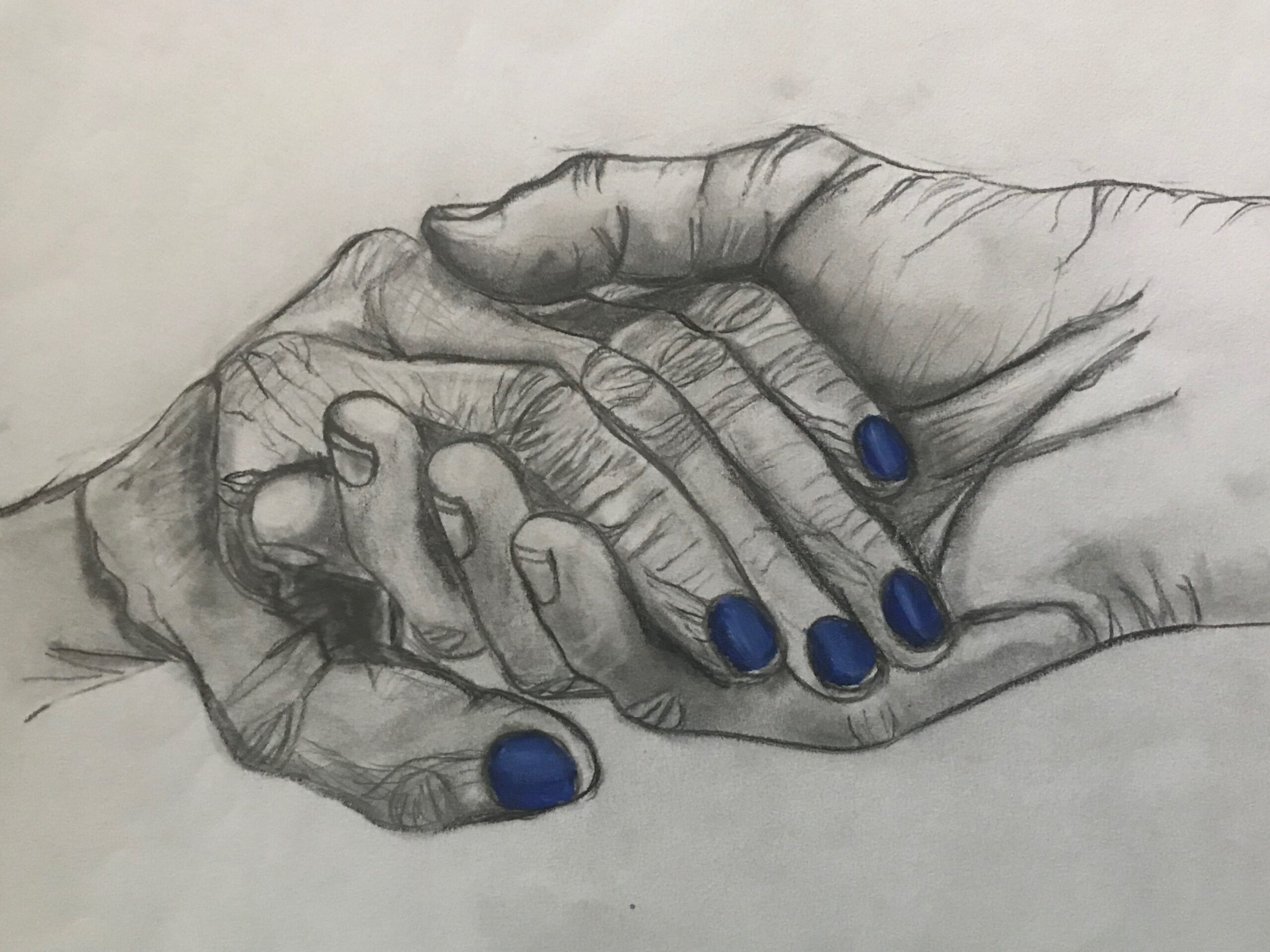 Young and old hand drawing graphite and one blue pencil - M