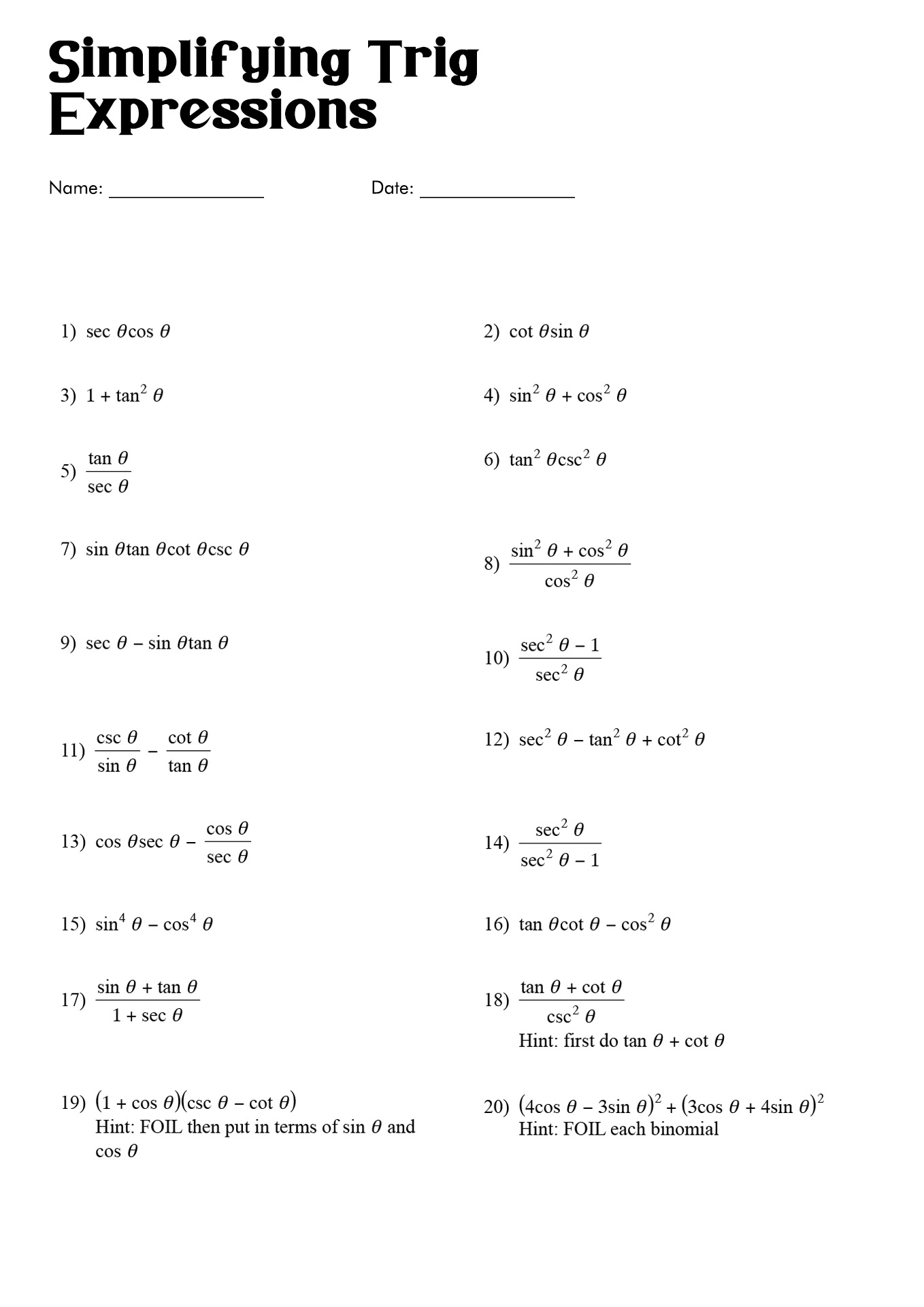 44 Simplifying Trigonometric Expressions Worksheet 11