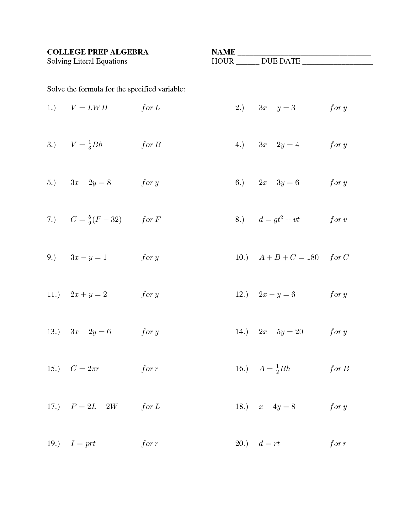 Algebra 1 Review Worksheets 38