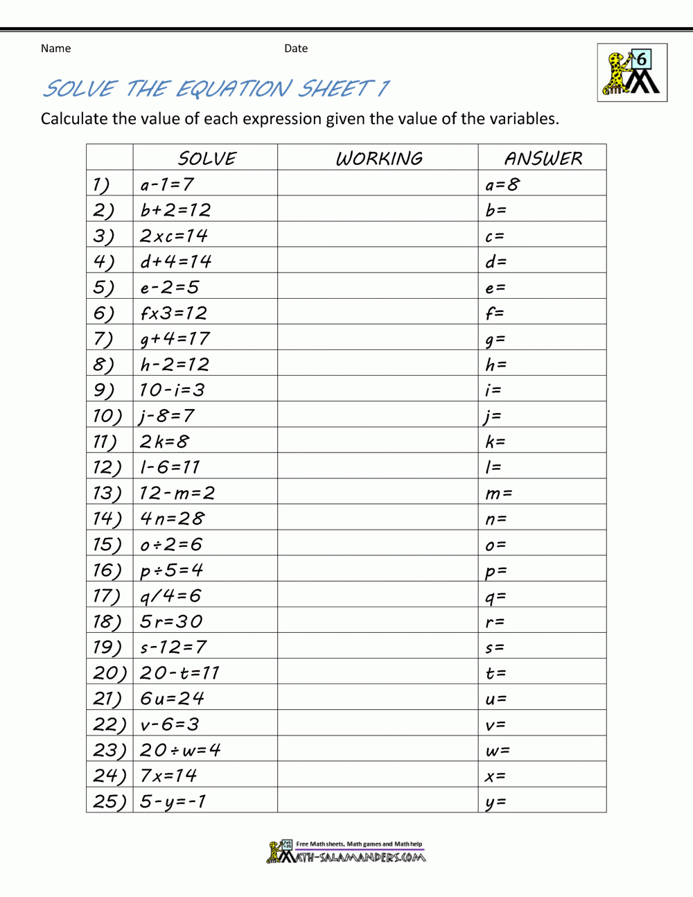 Algebra 1 Review Worksheets 46