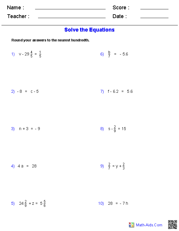 Algebra 1 Review Worksheets 7