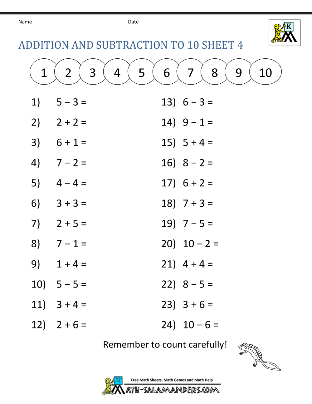 Printable Add And Subtraction Worksheet 1