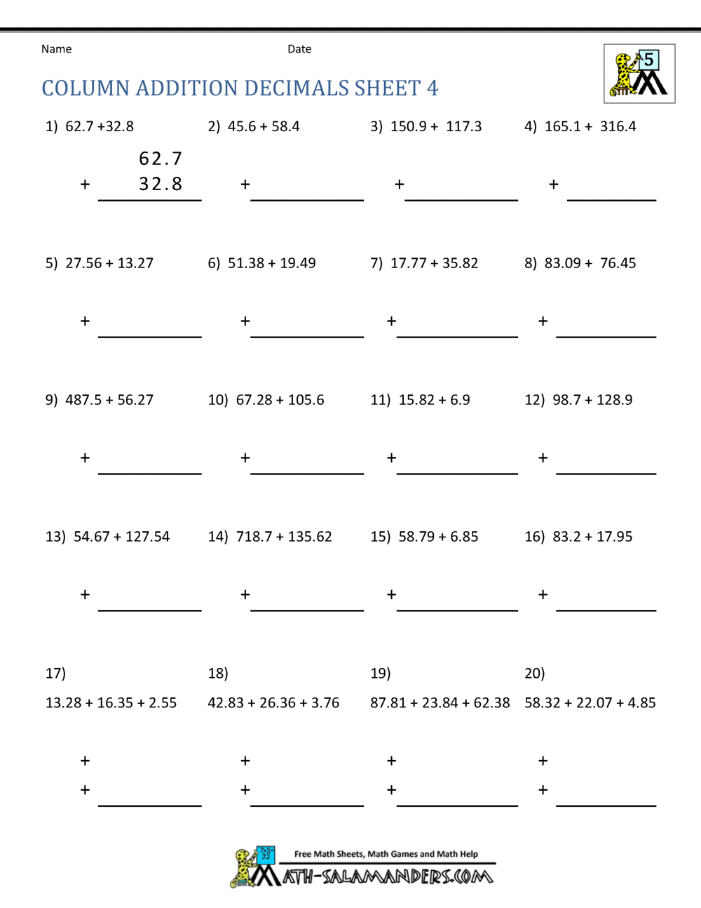 55 Adding With Decimals Worksheets 1