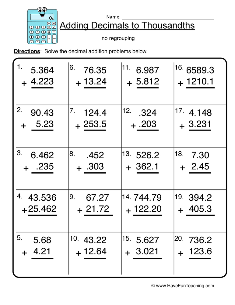 55 Adding With Decimals Worksheets 9