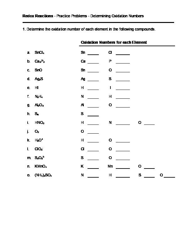 60 Worksheet 1 Oxidation Reduction Reactions 14