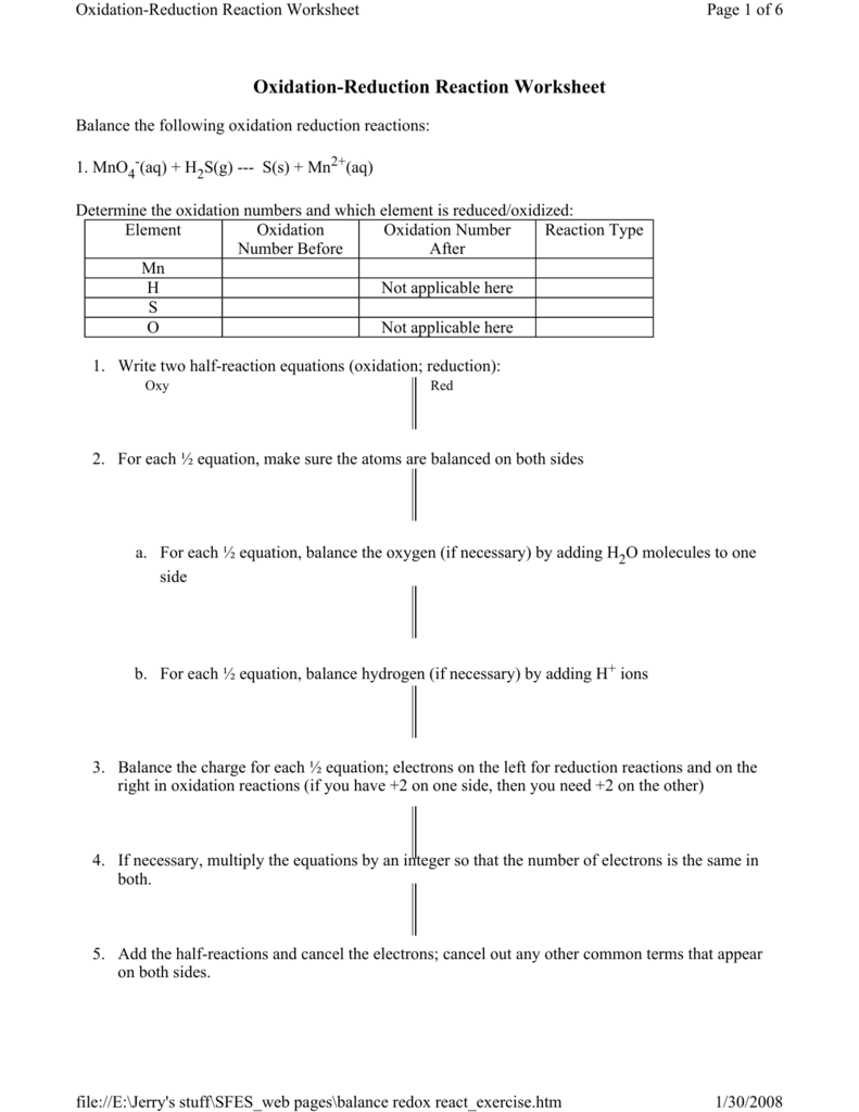 60 Worksheet 1 Oxidation Reduction Reactions 28