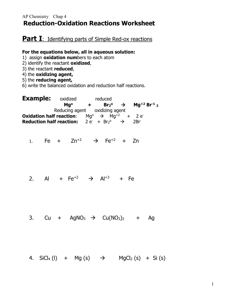 60 Worksheet 1 Oxidation Reduction Reactions 31