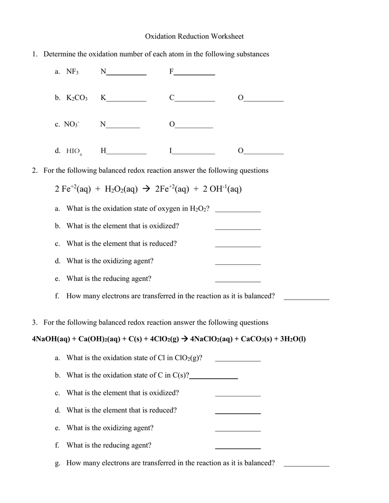 60 Worksheet 1 Oxidation Reduction Reactions 33