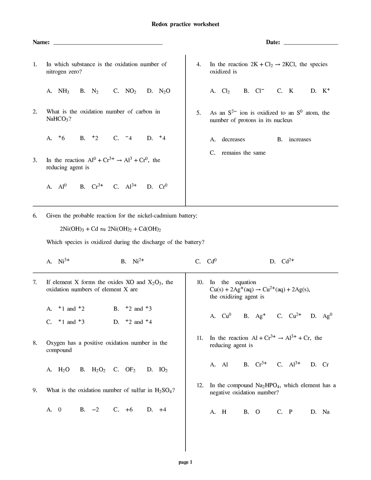 60 Worksheet 1 Oxidation Reduction Reactions 34