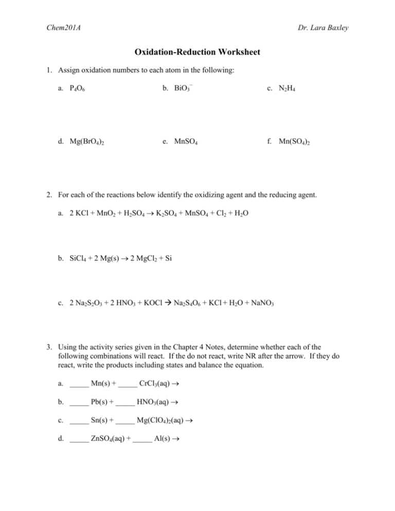 60 Worksheet 1 Oxidation Reduction Reactions 35