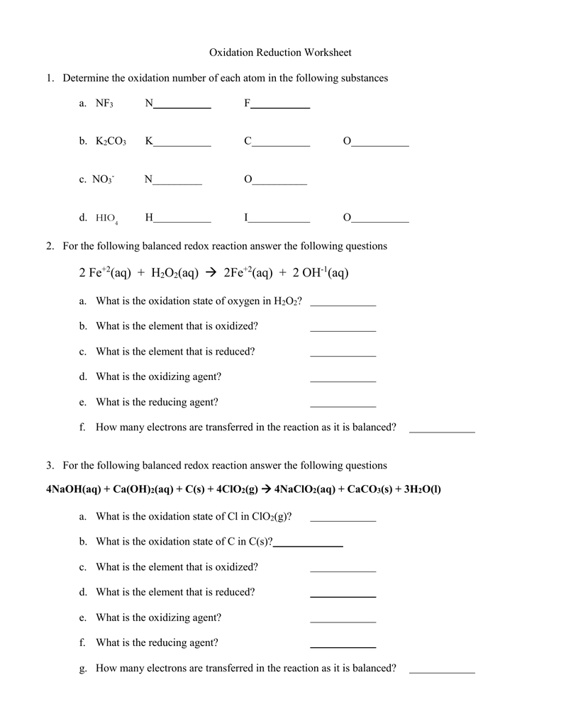 60 Worksheet 1 Oxidation Reduction Reactions 51