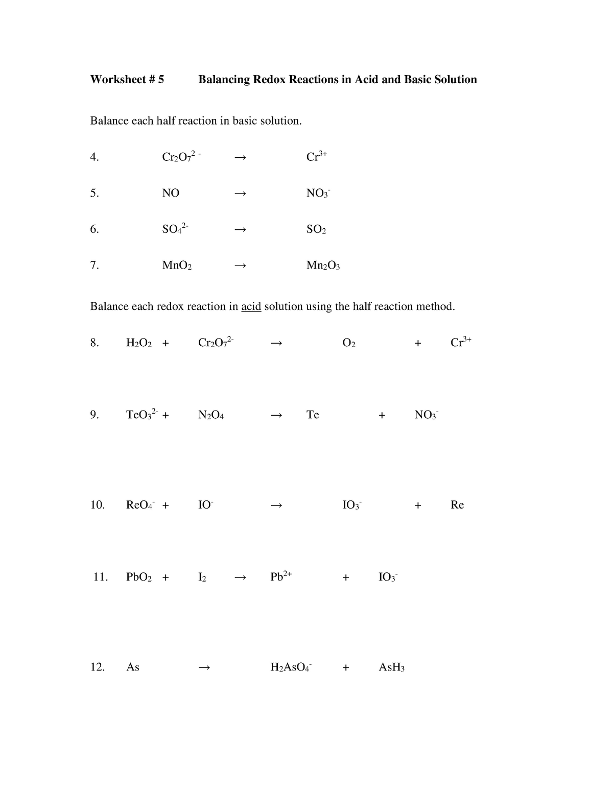 60 Worksheet 1 Oxidation Reduction Reactions 55