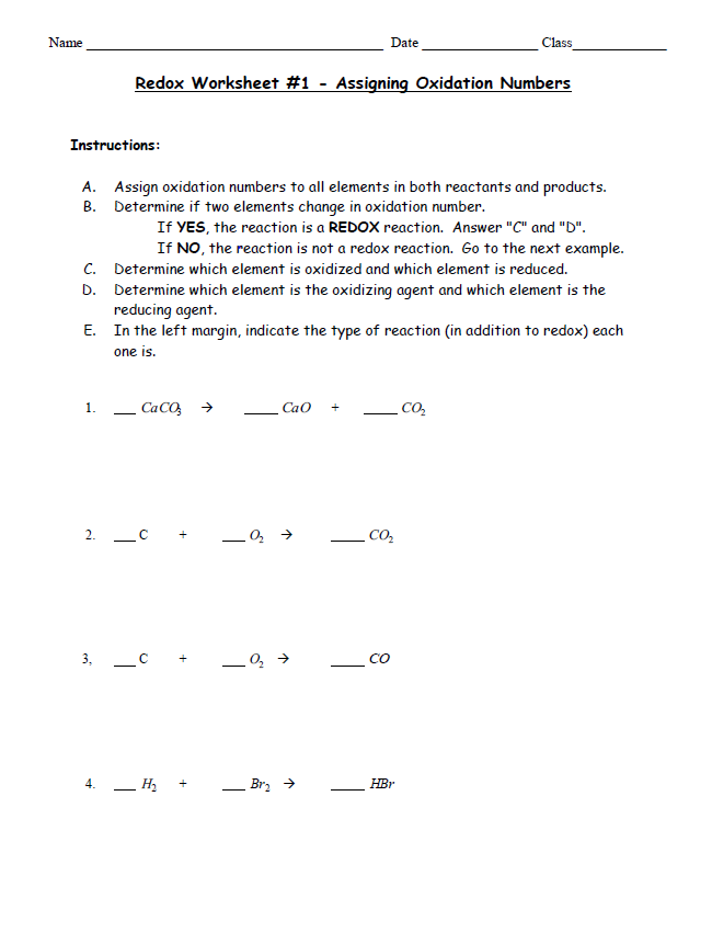 60 Worksheet 1 Oxidation Reduction Reactions 56