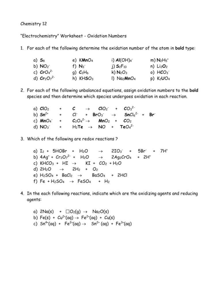 60 Worksheet 1 Oxidation Reduction Reactions 57