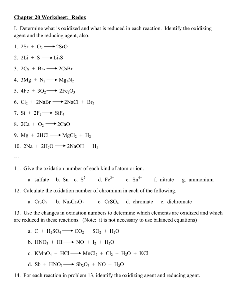 60 Worksheet 1 Oxidation Reduction Reactions 58