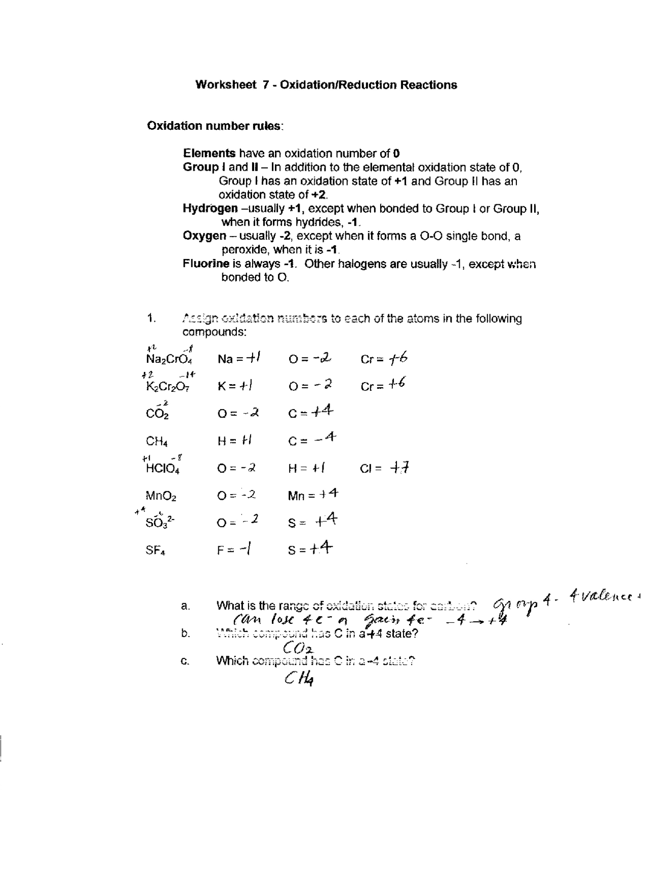 60 Worksheet 1 Oxidation Reduction Reactions 62