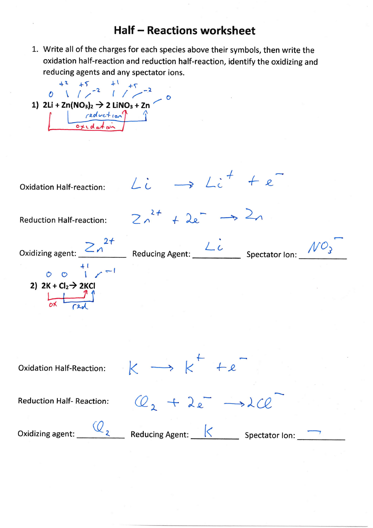 60 Worksheet 1 Oxidation Reduction Reactions 9