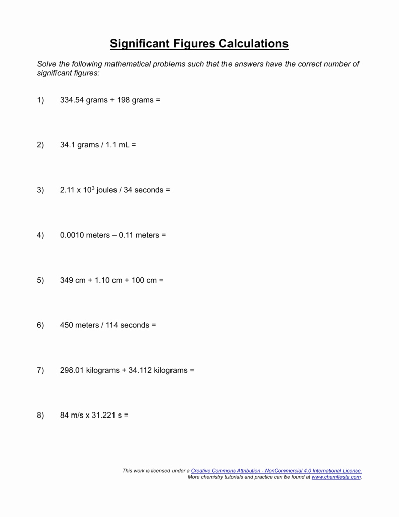 61 Significant Figures Calculations Worksheet 13