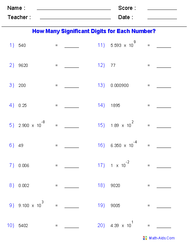 61 Significant Figures Calculations Worksheet 16