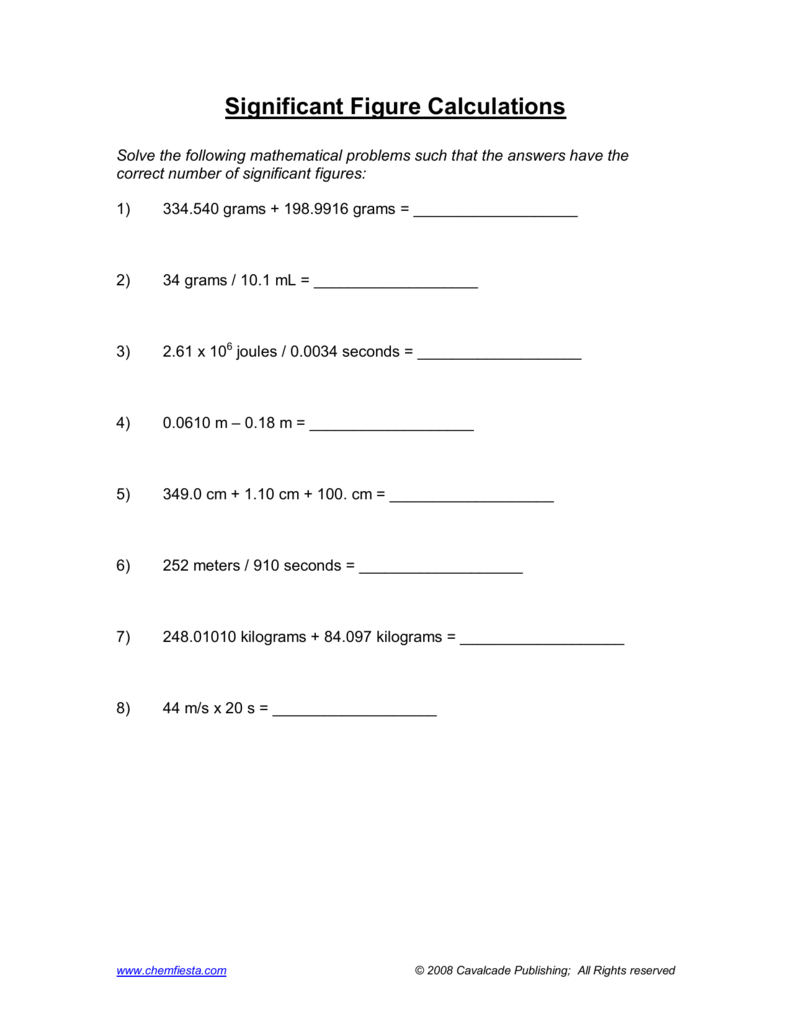 61 Significant Figures Calculations Worksheet 2