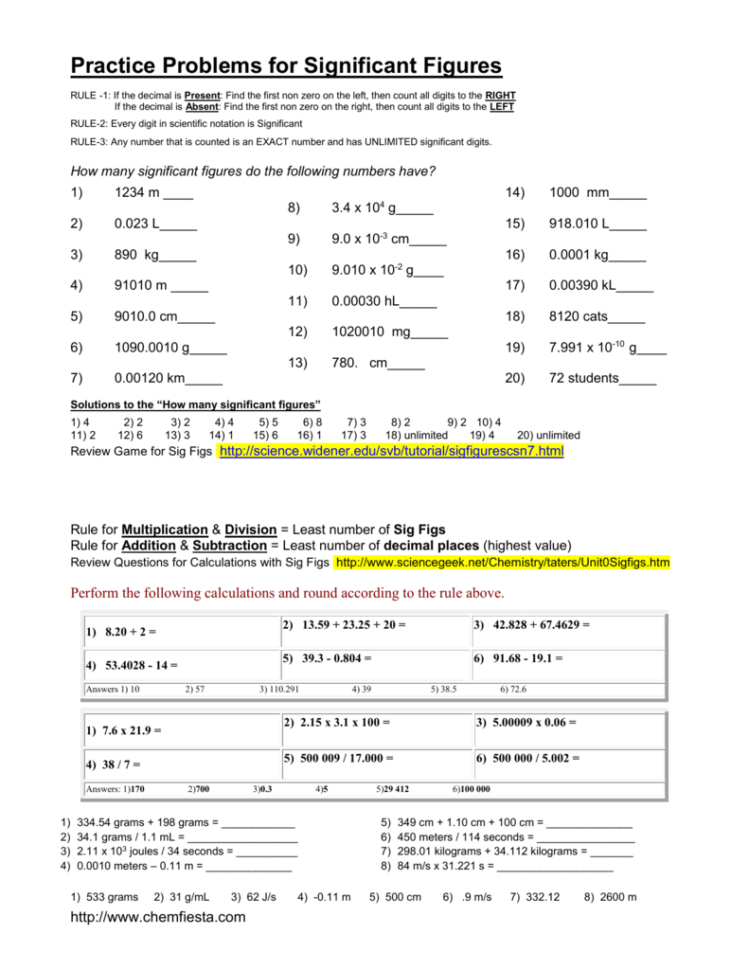 61 Significant Figures Calculations Worksheet 35