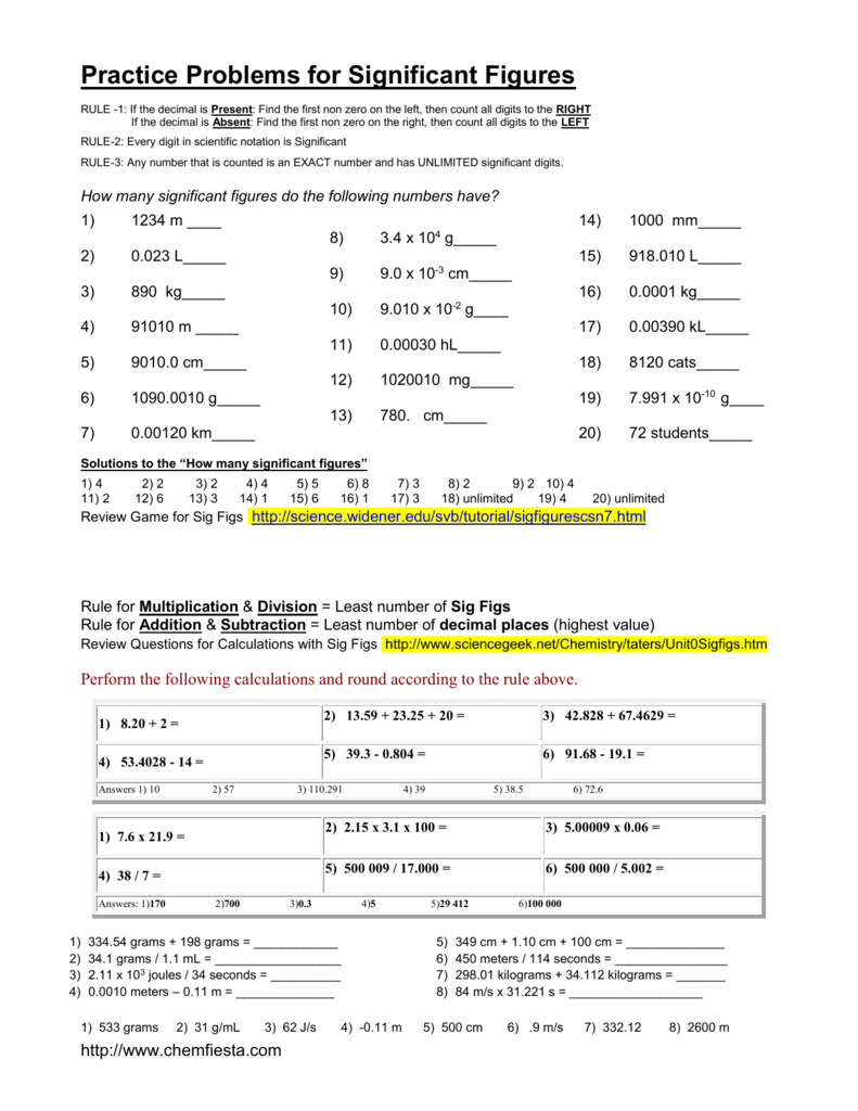 61 Significant Figures Calculations Worksheet 53