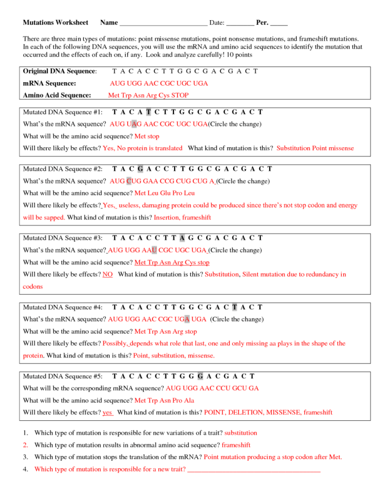 80 Printable Mutation Worksheet Answer Key 27