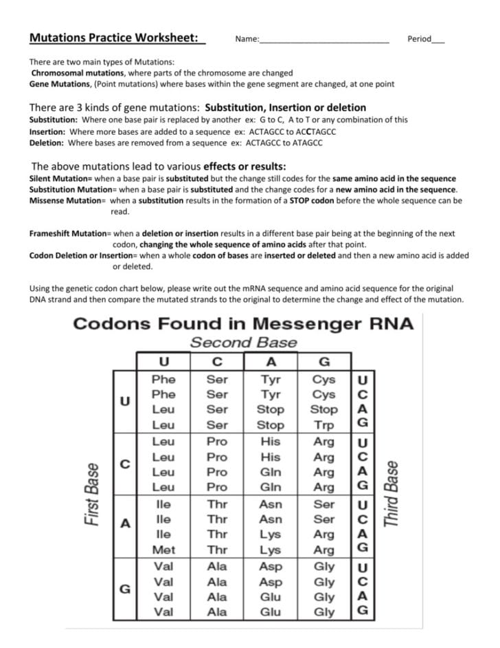 80 Printable Mutation Worksheet Answer Key 73