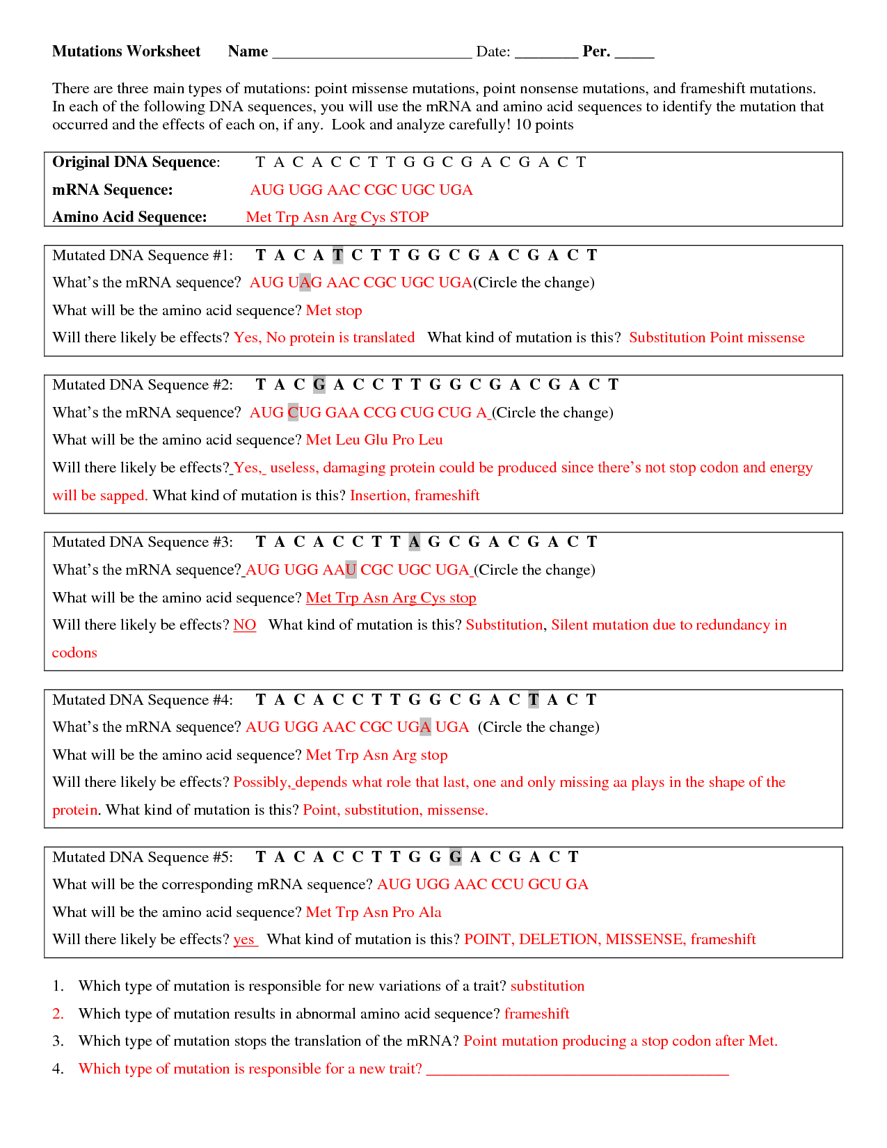 80 Printable Mutation Worksheet Answer Key 82