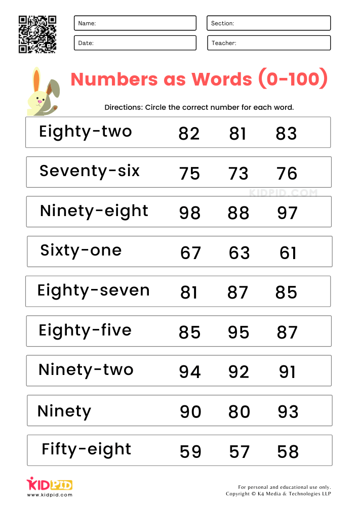 90 Number Words Worksheet 1-1000 25