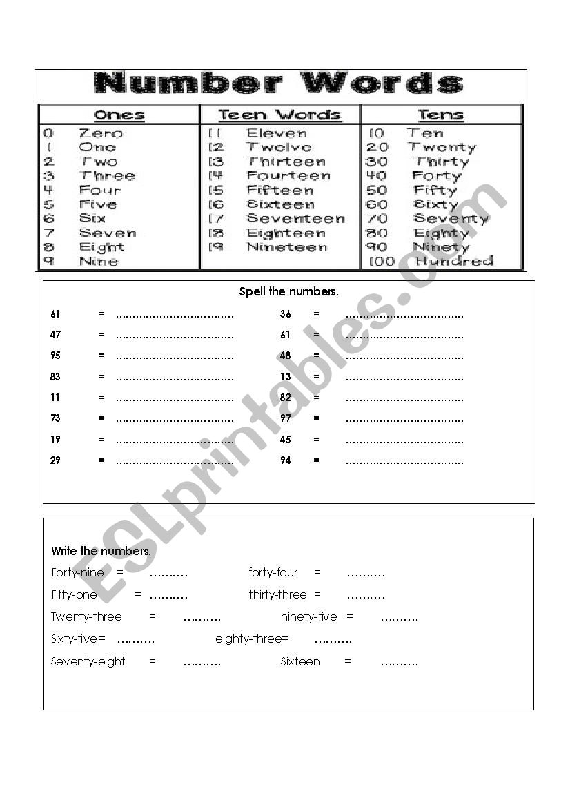 90 Number Words Worksheet 1-1000 9