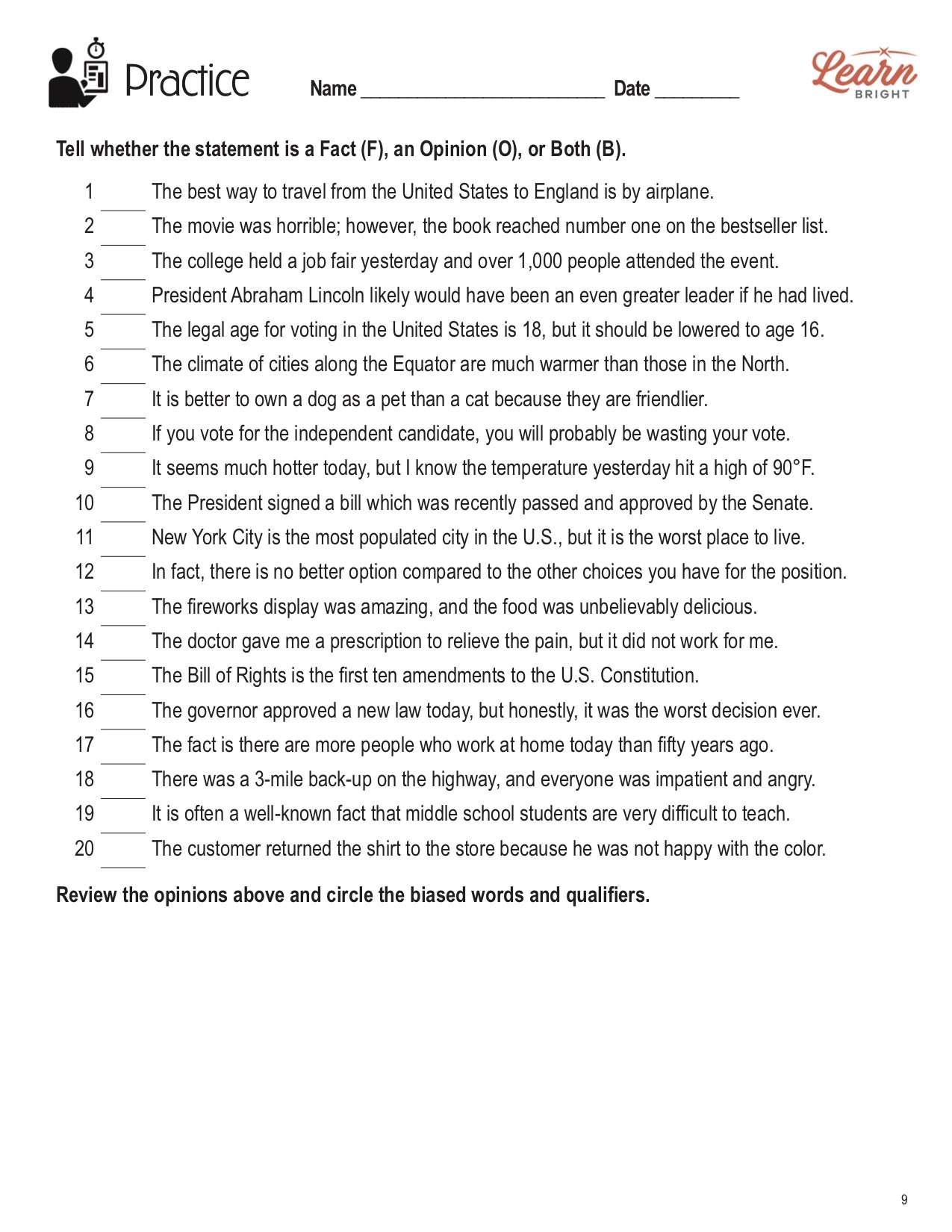 90 Printable Facts And Opinion Worksheet 11