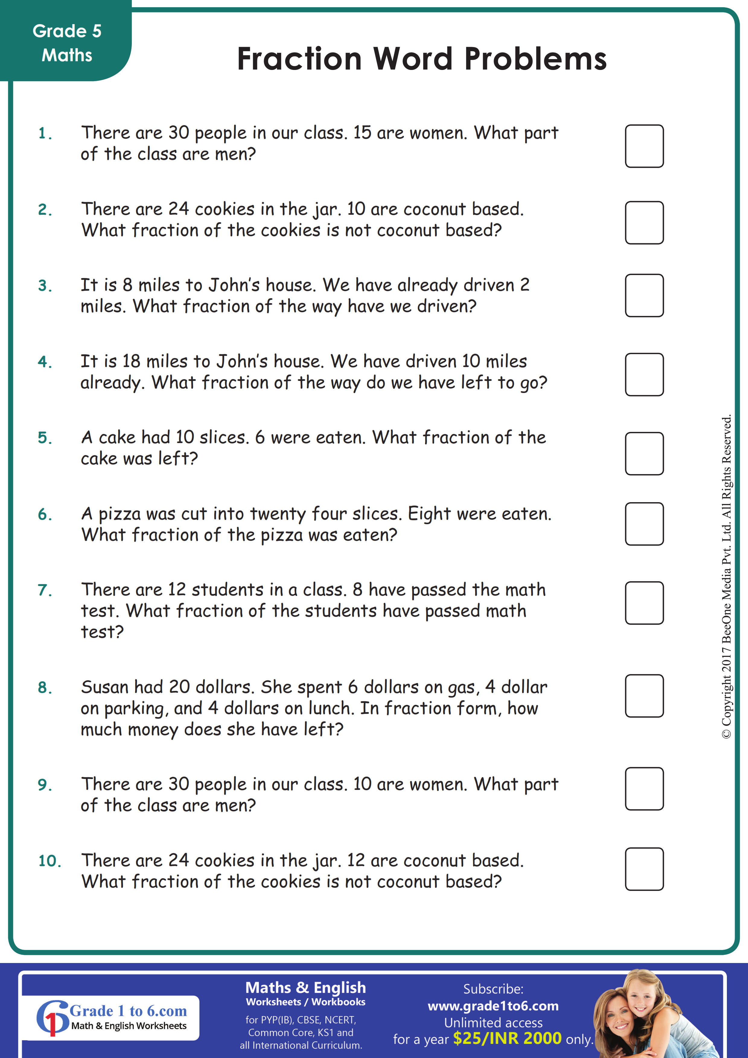 Save 85 Fractions Word Problems Worksheets 73