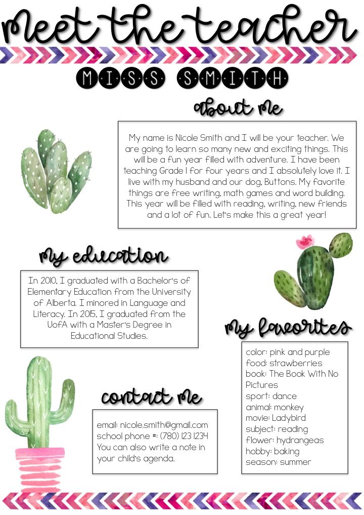 Best 45 Meet The Teacher Template Cactus Ideas 13