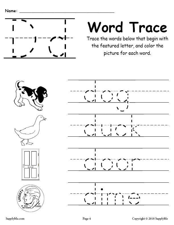 Alphabet Tracing Worksheet: Letter D Words